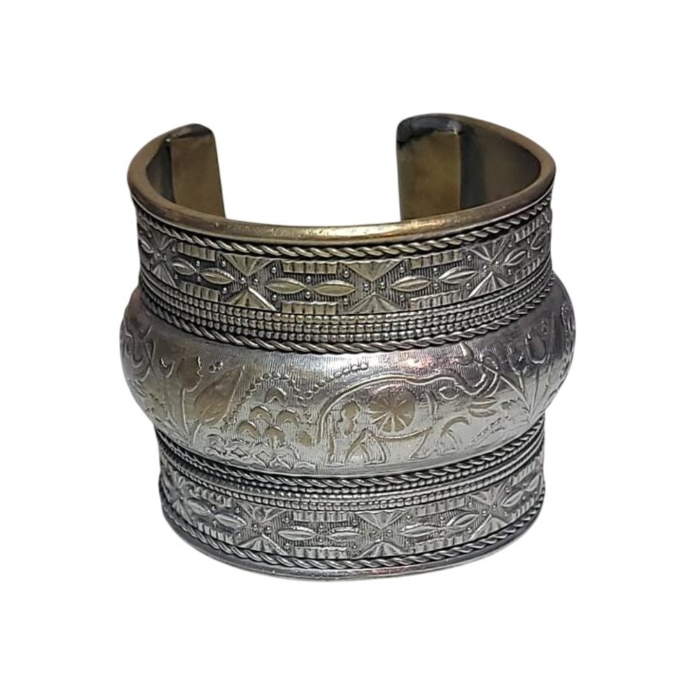 Vintage Silver Cuff Bracelet Wide Floral Etched Boho Open Cuff Statement Bangle